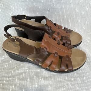Clarks Women's Brown Tan Leather Strappy Buckle Adjustable Wedge Sandals Sz 10